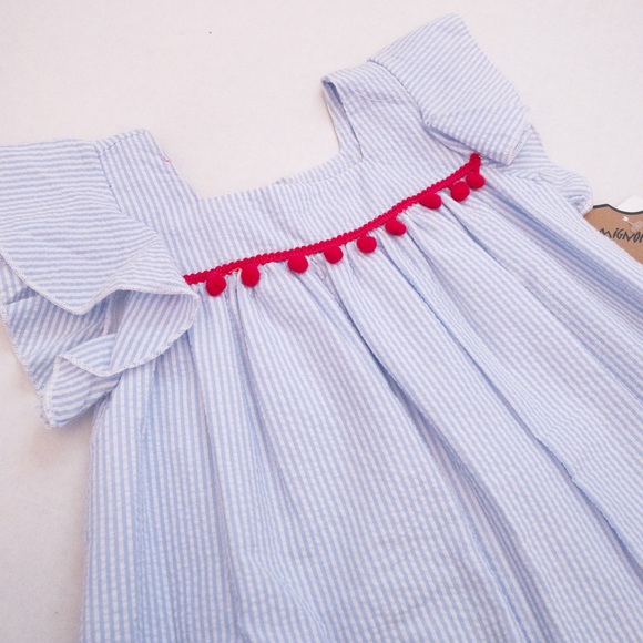 Seersucker & bright pink pom-pom trim dress (3T) - Picture 11 of 16